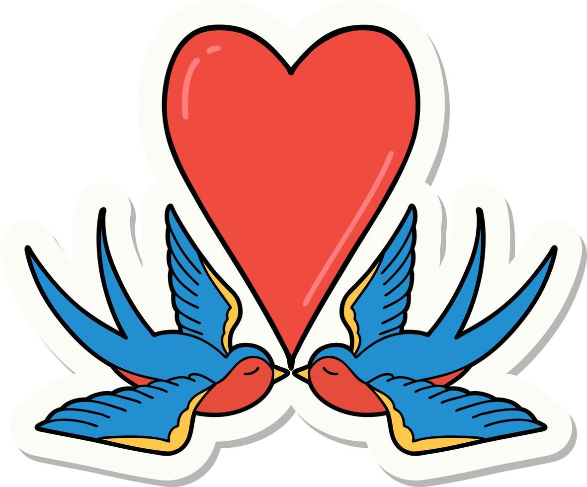 sticker of tattoo in traditional style of swallows and a heart vector