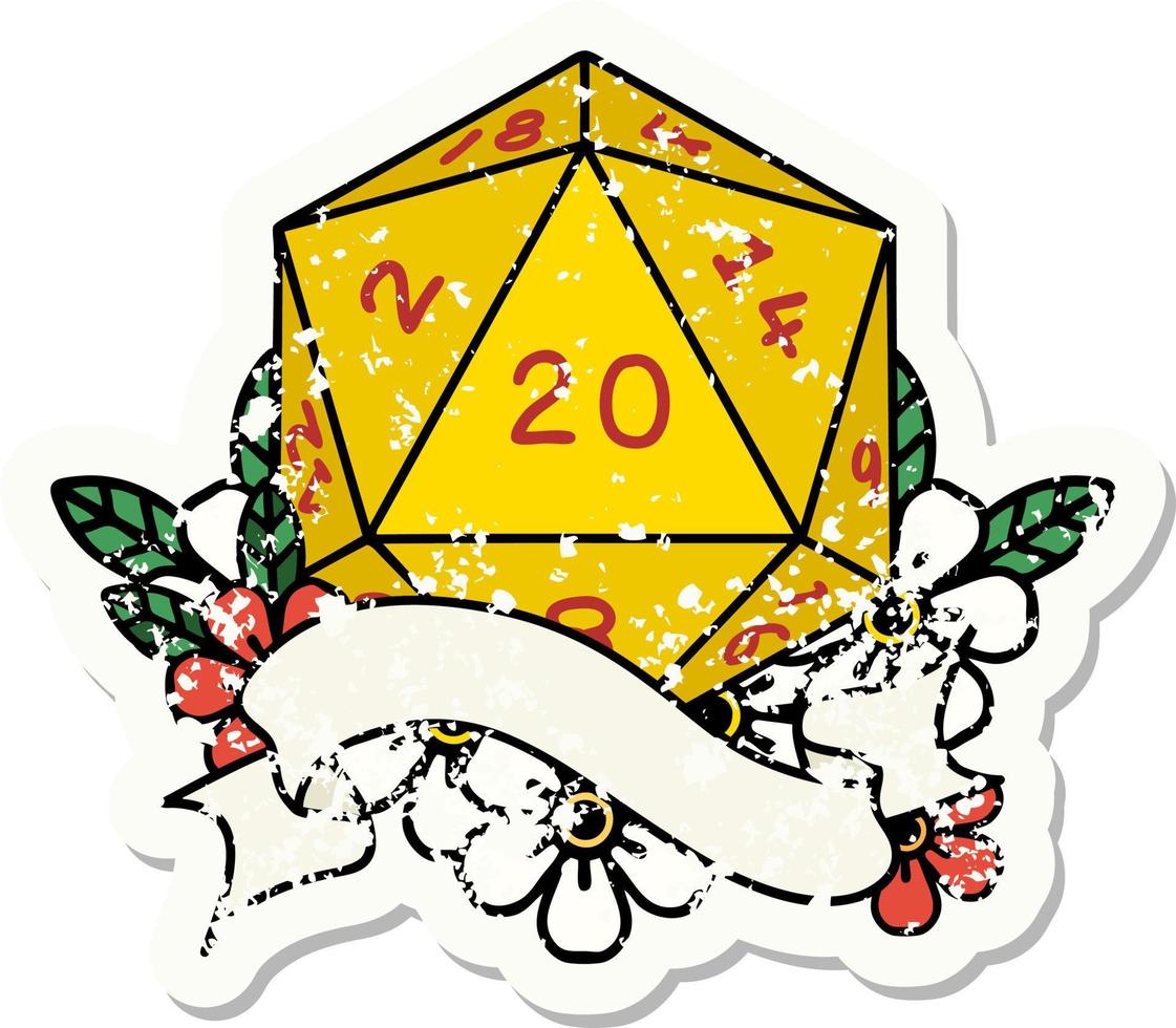 grunge sticker of a natural twenty D20 dice roll vector