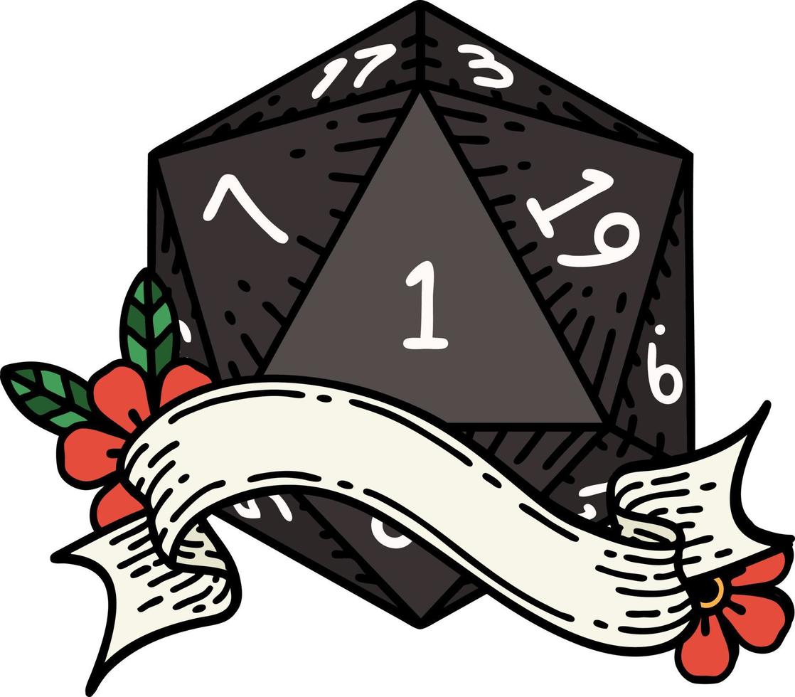 Retro Tattoo Style natural one d20 dice roll vector