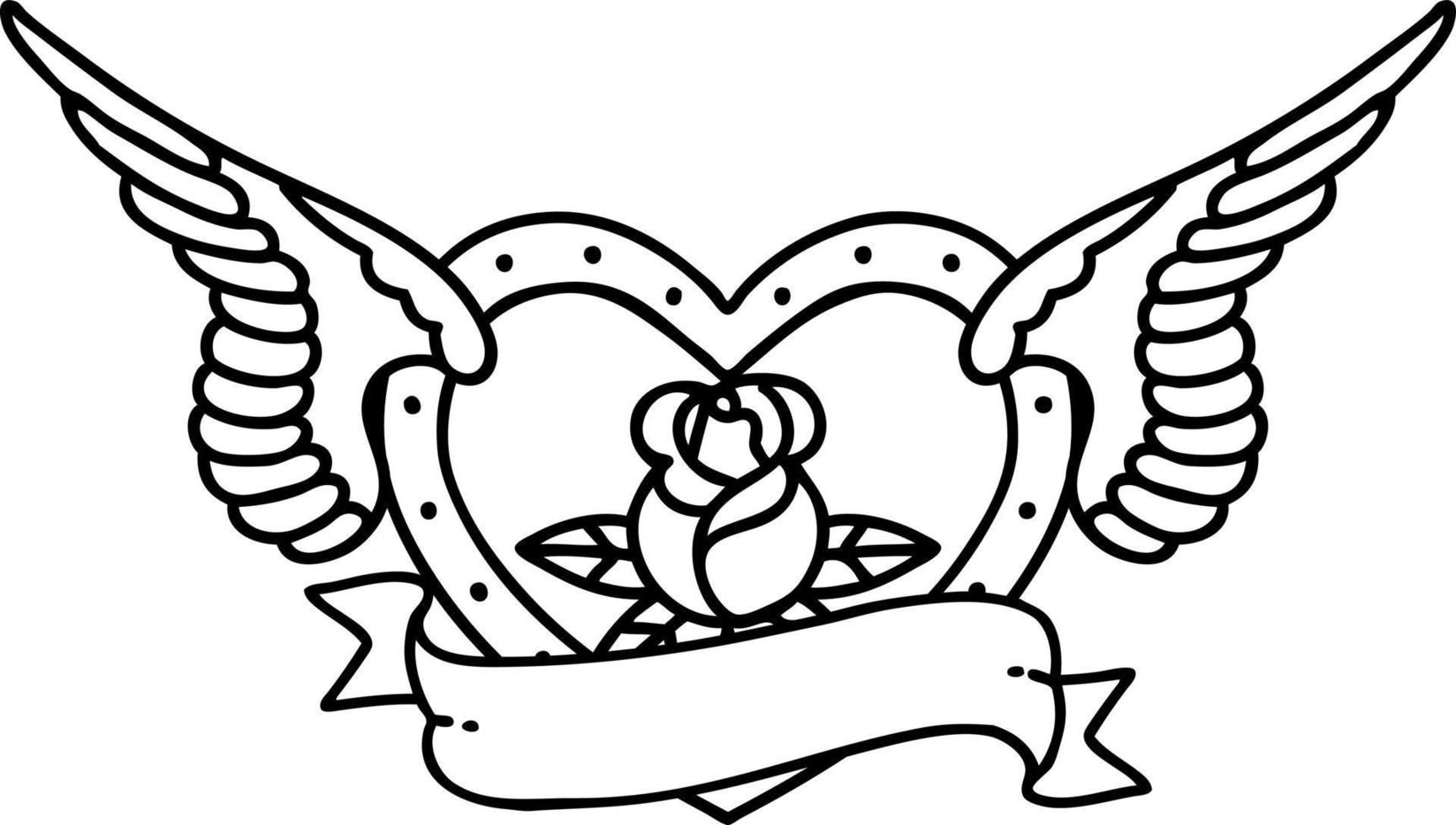 tattoo in black line style of a flying heart with flowers and banner ...