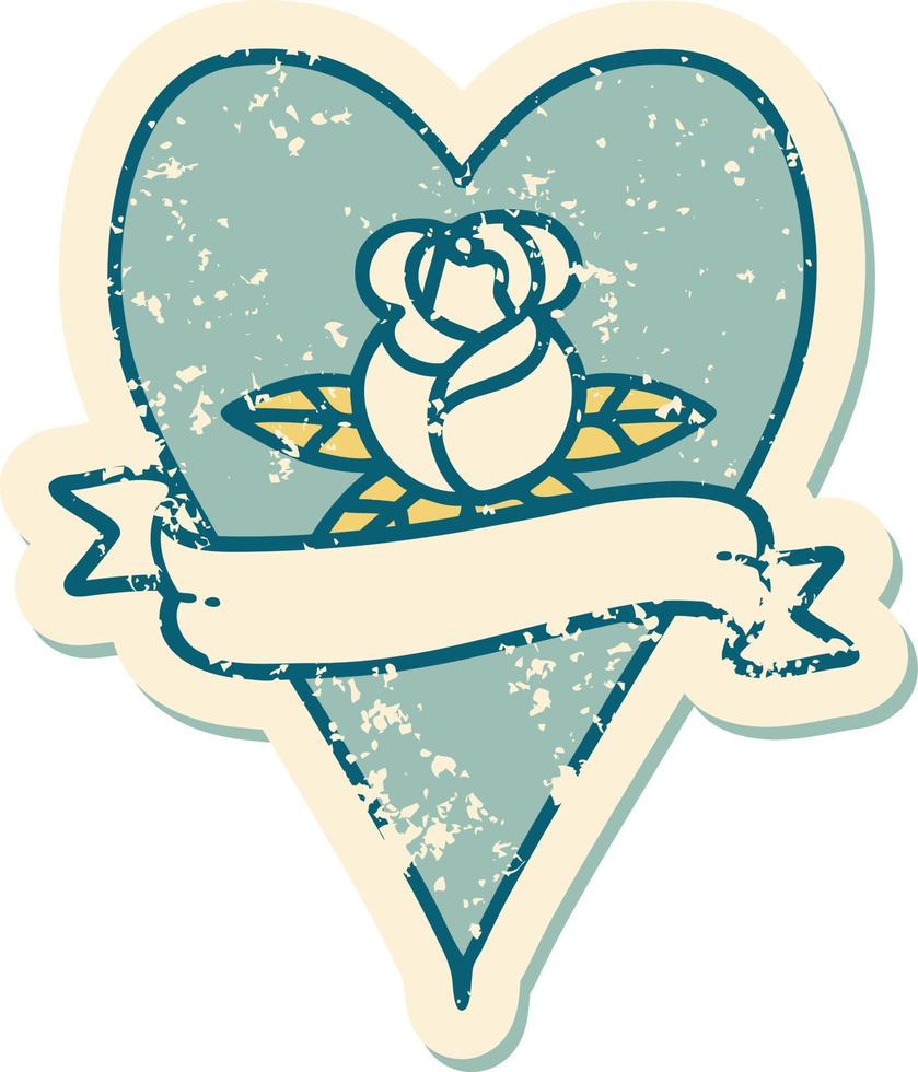 iconic distressed sticker tattoo style image of a heart rose and banner vector