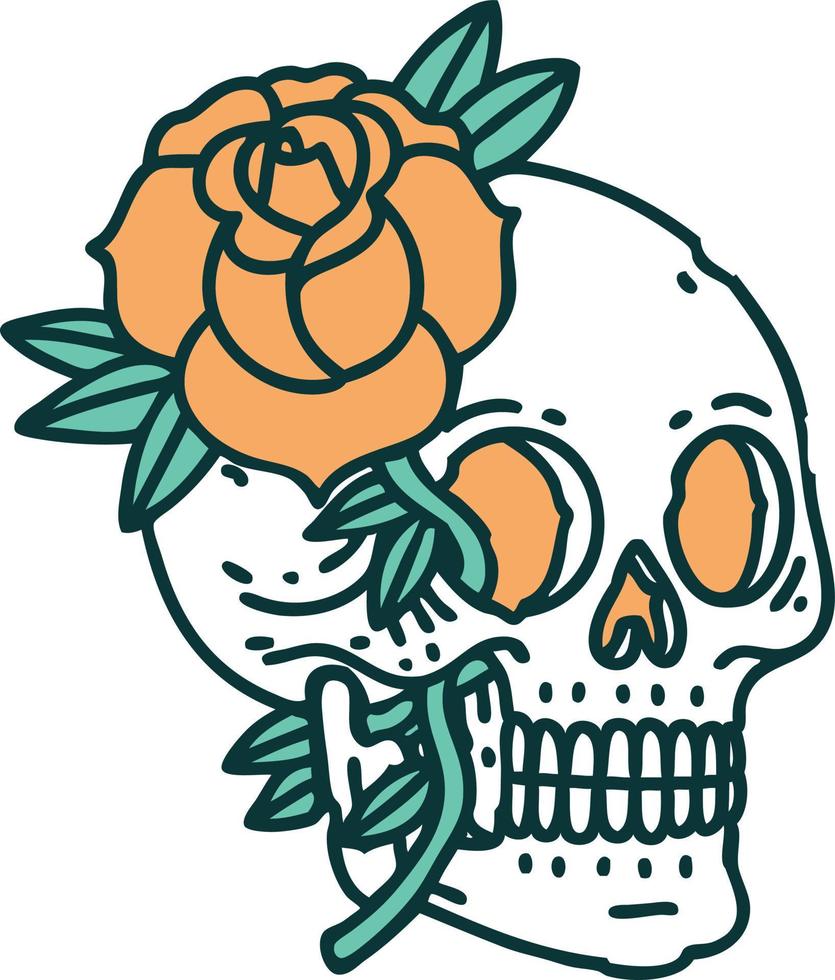 imagen icónica de estilo tatuaje de una calavera y una rosa vector