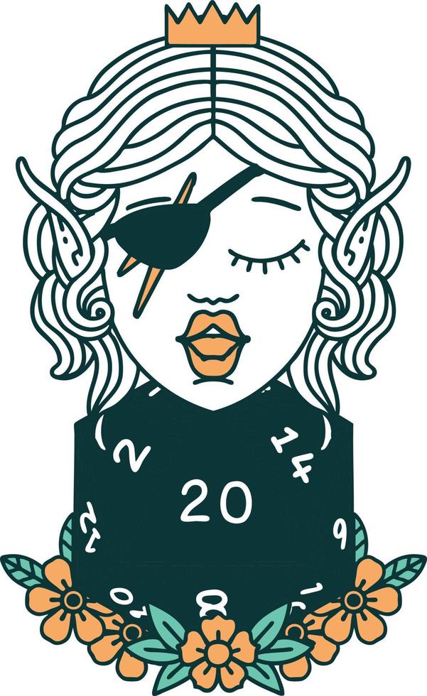 Retro Tattoo Style elf rogue character with natural twenty dice roll vector