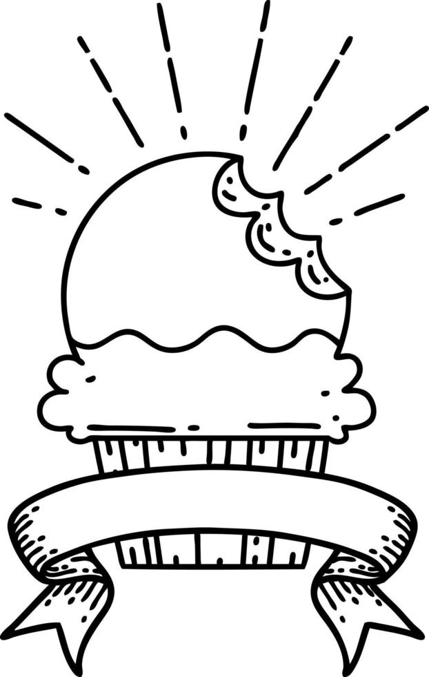 scroll banner with black line work tattoo style cupcake with missing bite vector