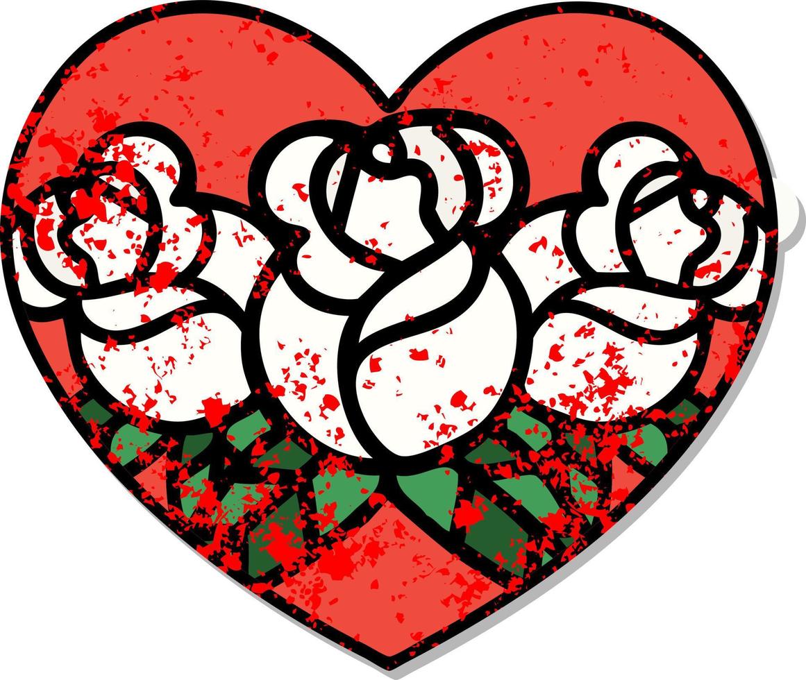 tatuaje de pegatina angustiado al estilo tradicional de un corazón y flores vector
