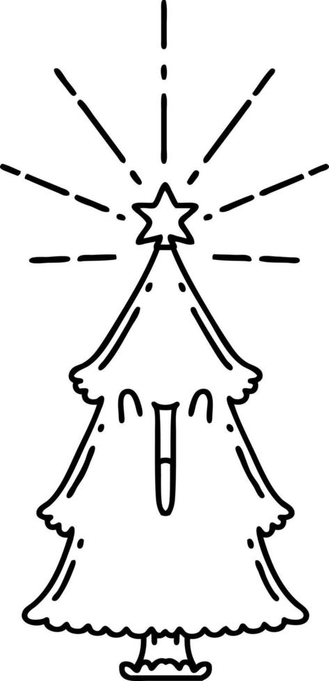 illustration of a traditional black line work tattoo style christmas tree with star vector