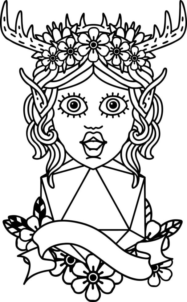 Black and White Tattoo linework Style elf druid with natural twenty dice roll vector