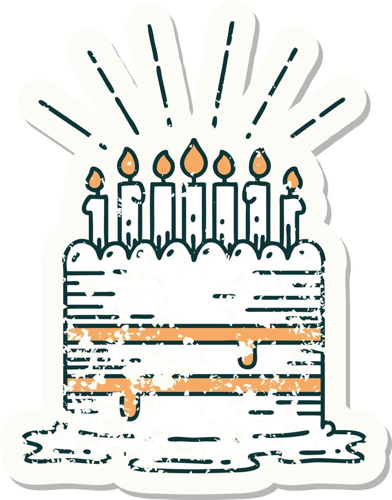 worn old sticker of a tattoo style birthday cake vector