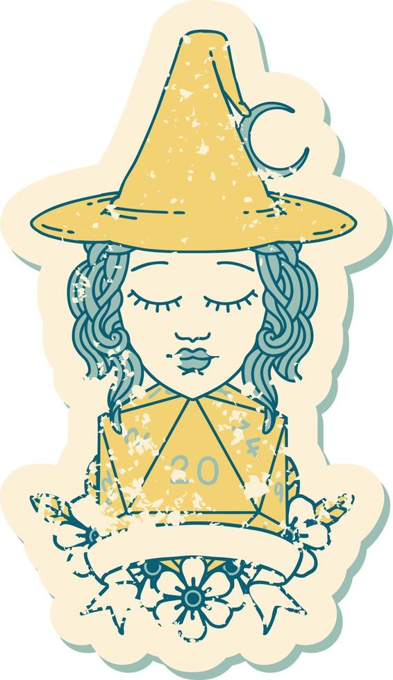 Retro Tattoo Style human witch with natural twenty dice roll vector