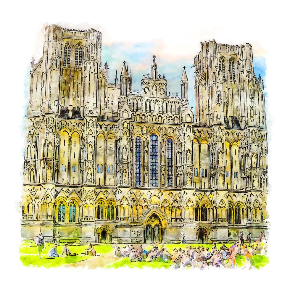 Wells Cathedral England Watercolor sketch hand drawn illustration vector