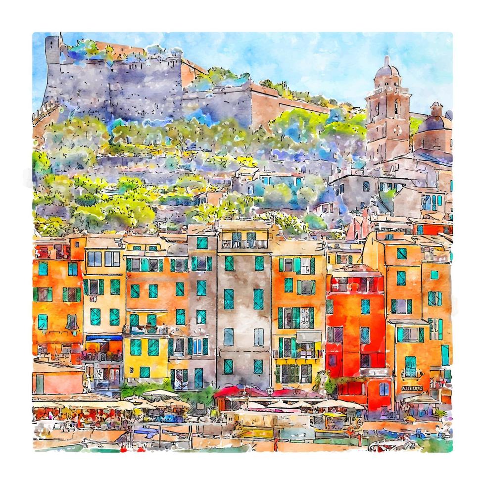 Porto Venere Italy Watercolor sketch hand drawn illustration vector