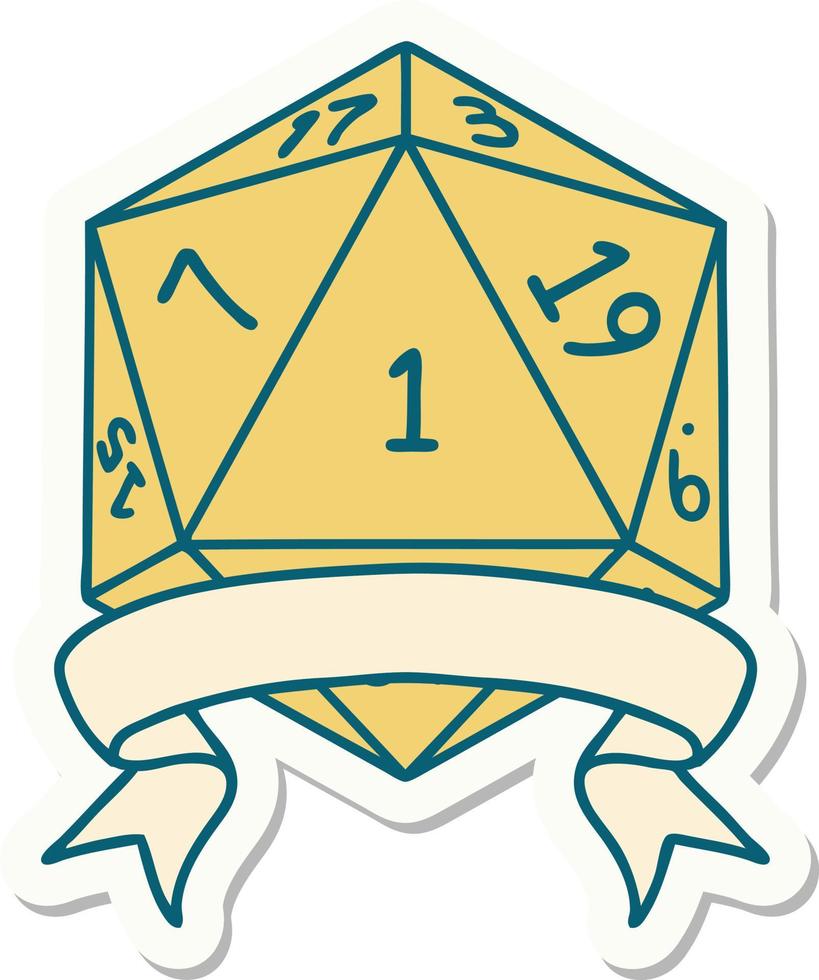 sticker of a natural one d20 dice roll vector