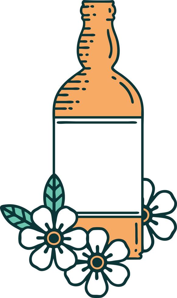 imagen icónica de estilo tatuaje de una botella de ron y flores vector