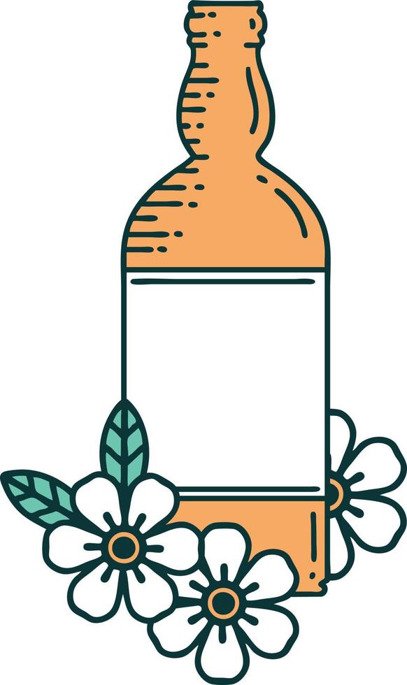 iconic tattoo style image of a rum bottle and flowers vector