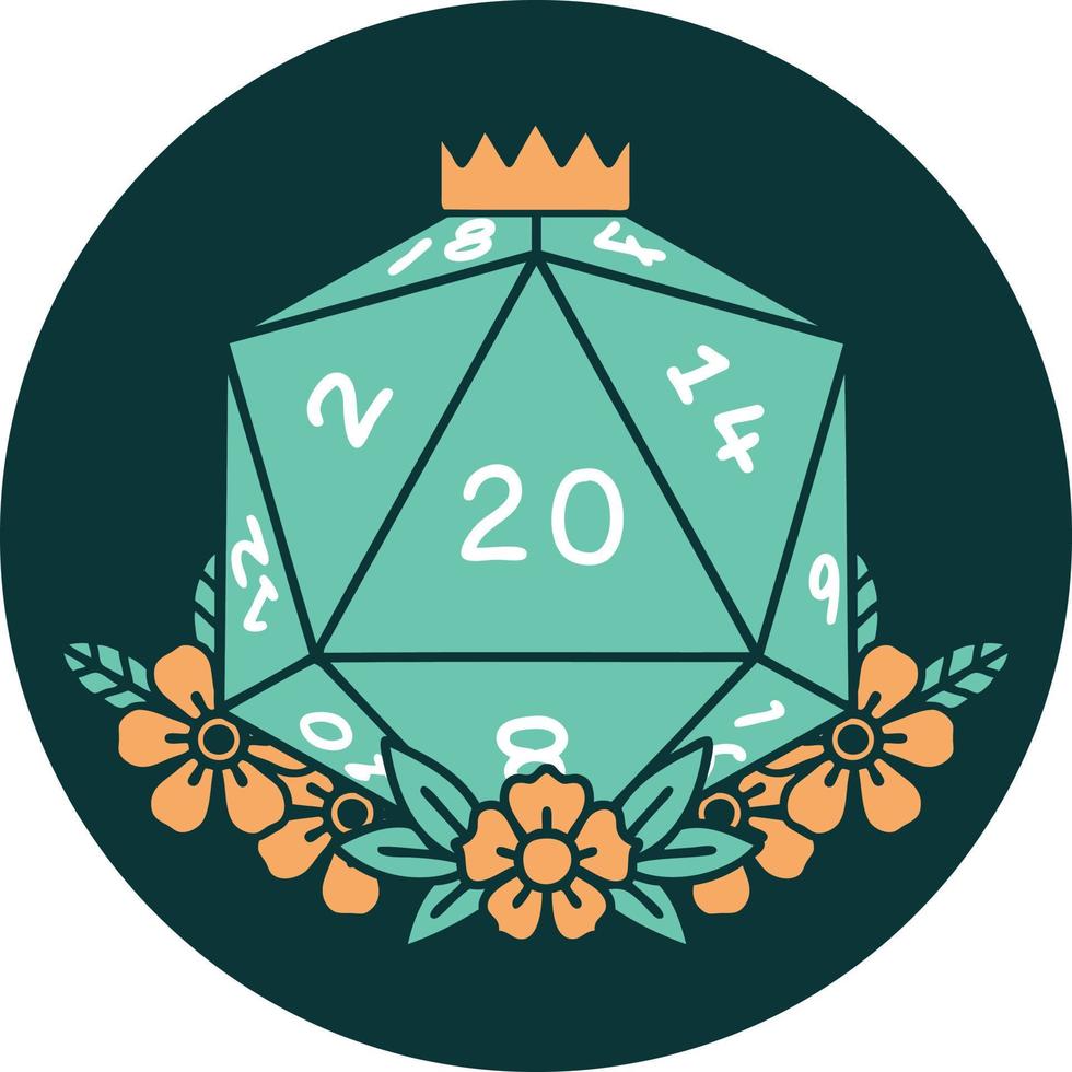 icon of natural 20 D20 dice roll with floral elements vector