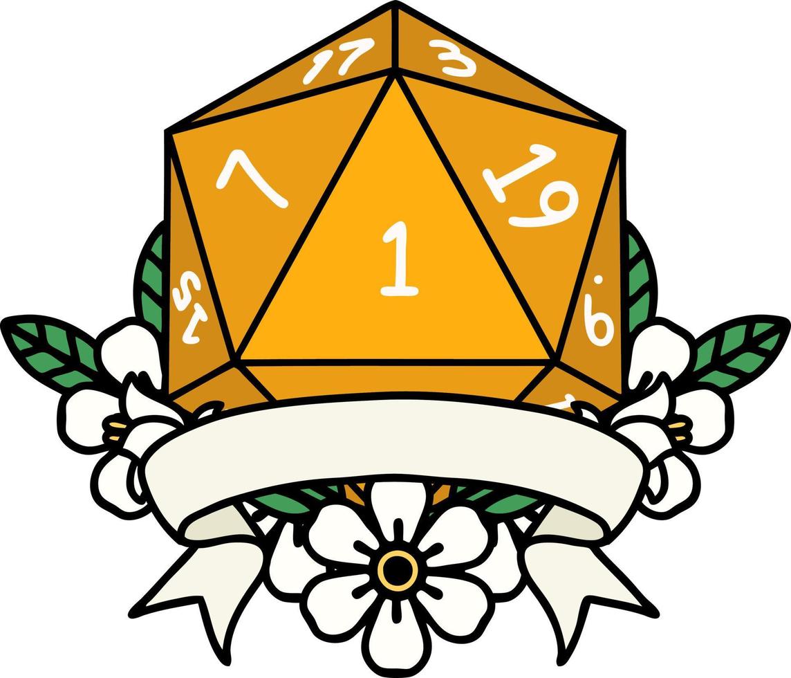 Retro Tattoo Style natural one d20 dice roll vector