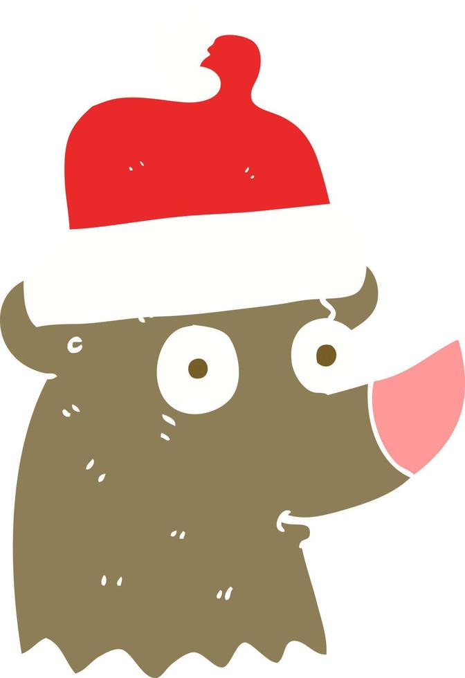 flat color illustration of bear wearing christmas hat vector