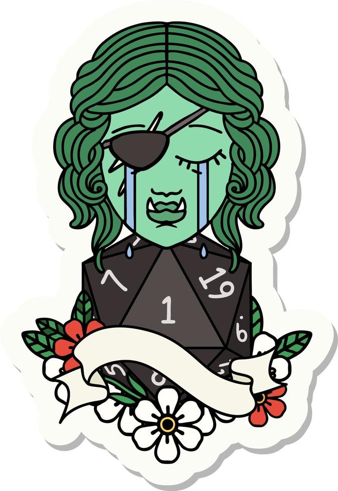 sticker of a crying orc rogue character face with natural one d20 dice roll vector