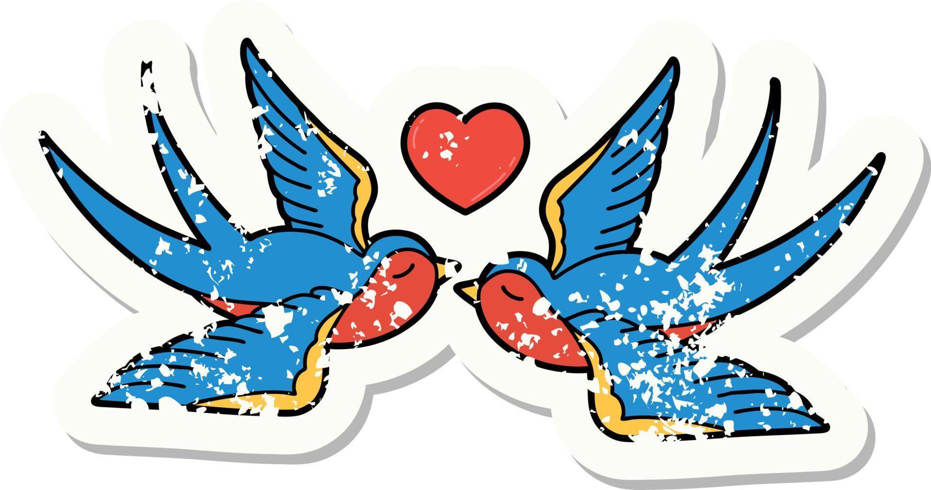 distressed sticker tattoo in traditional style of swallows and a heart vector