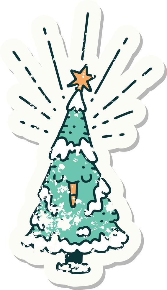 worn old sticker of a tattoo style happy christmas tree vector