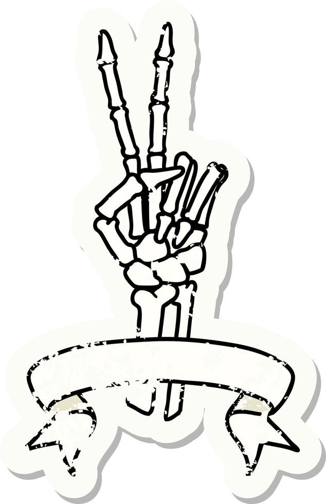 worn old sticker with banner of a skeleton giving a peace sign vector