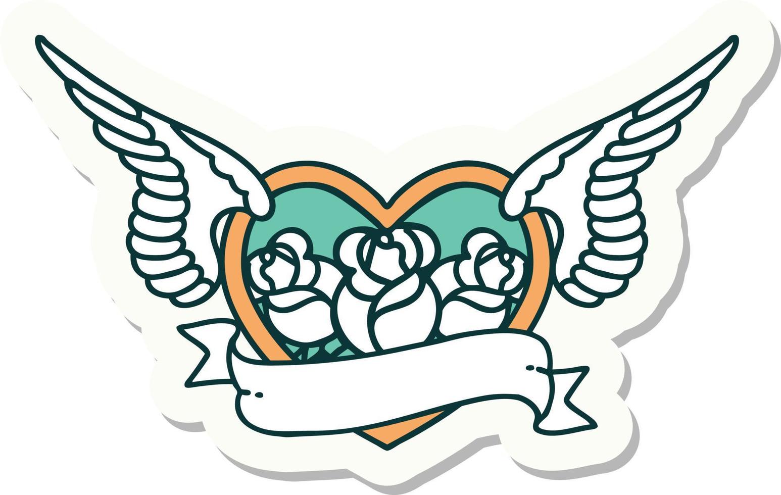 sticker of tattoo in traditional style of a flying heart with flowers and banner vector