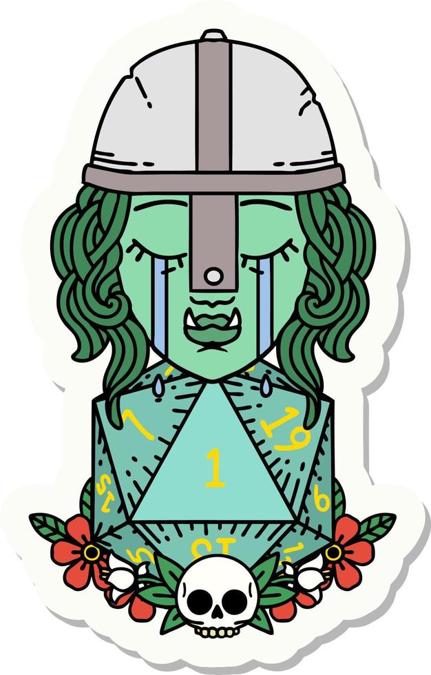 sticker of a crying orc fighter character with natural one D20 roll vector