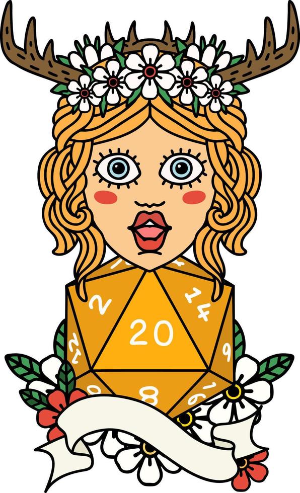 Retro Tattoo Style human druid with natural twenty dice roll vector