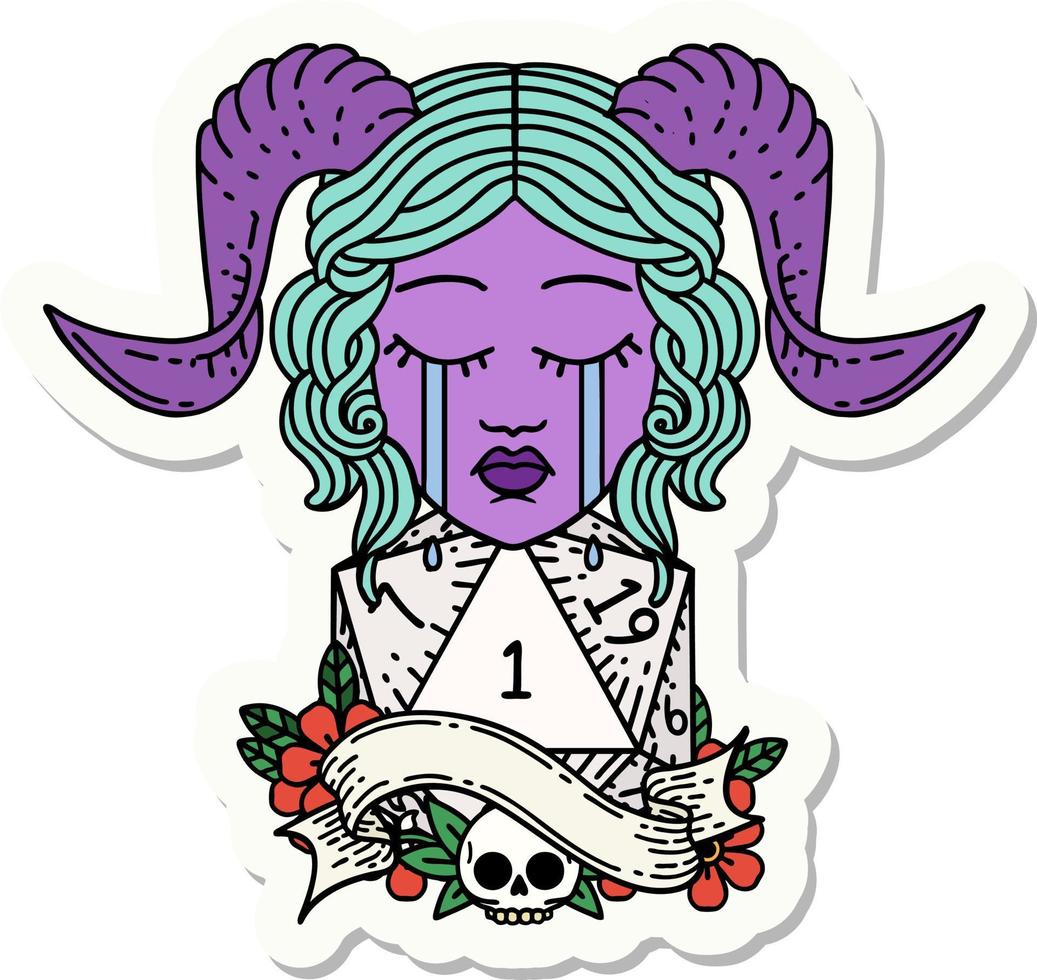 sticker of a crying tiefling with natural one D20 dice roll vector