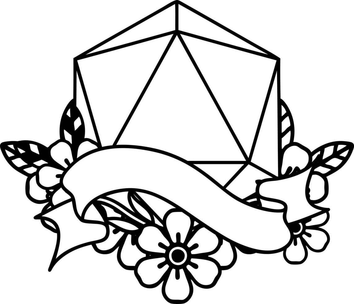 Black and White Tattoo linework Style natural one d20 dice roll vector