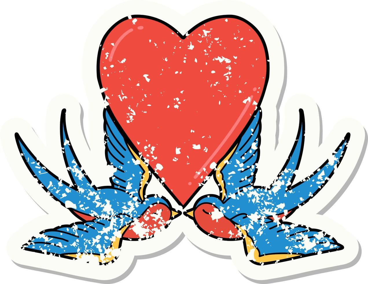 distressed sticker tattoo in traditional style of swallows and a heart vector