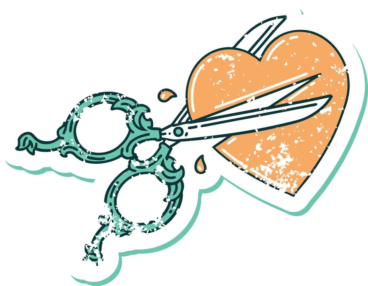 iconic distressed sticker tattoo style image of scissors cutting a heart vector