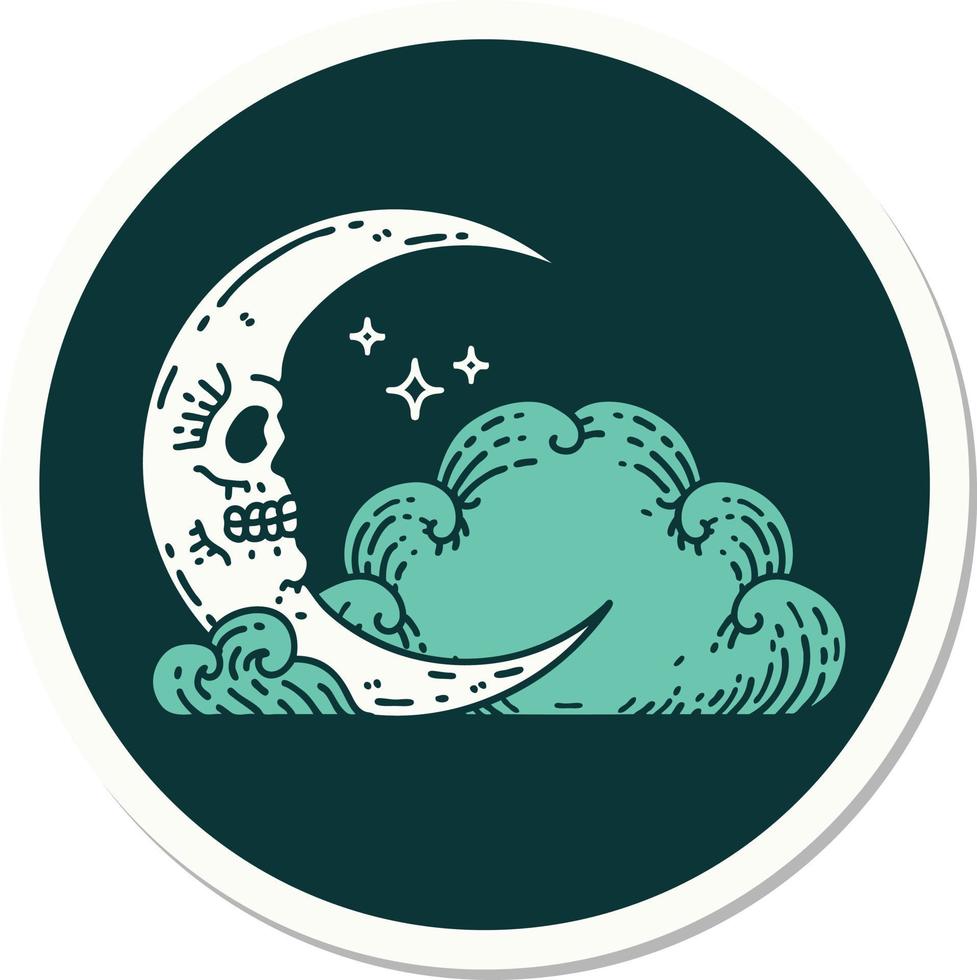 sticker of tattoo in traditional style of a skull crescent moon and clouds vector