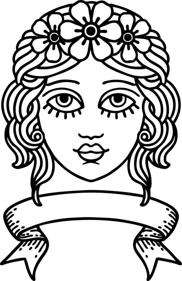 traditional black linework tattoo with banner of female face with crown of flowers vector