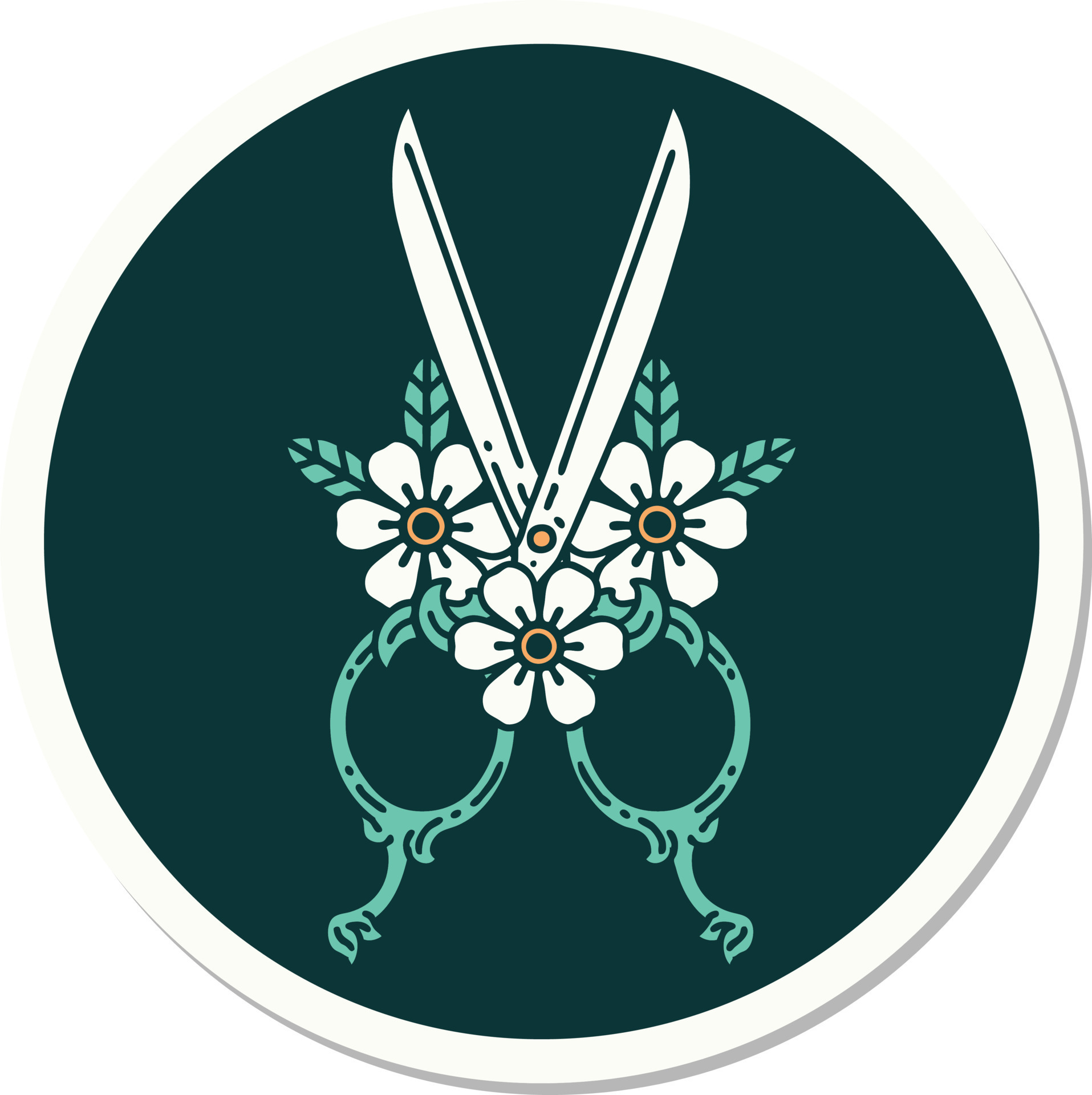 sticker of tattoo in traditional style of barber scissors and flowers