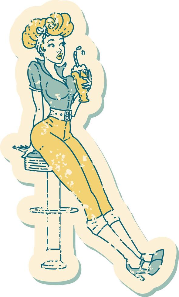 distressed sticker tattoo in traditional style of a pinup girl drinking a milkshake vector