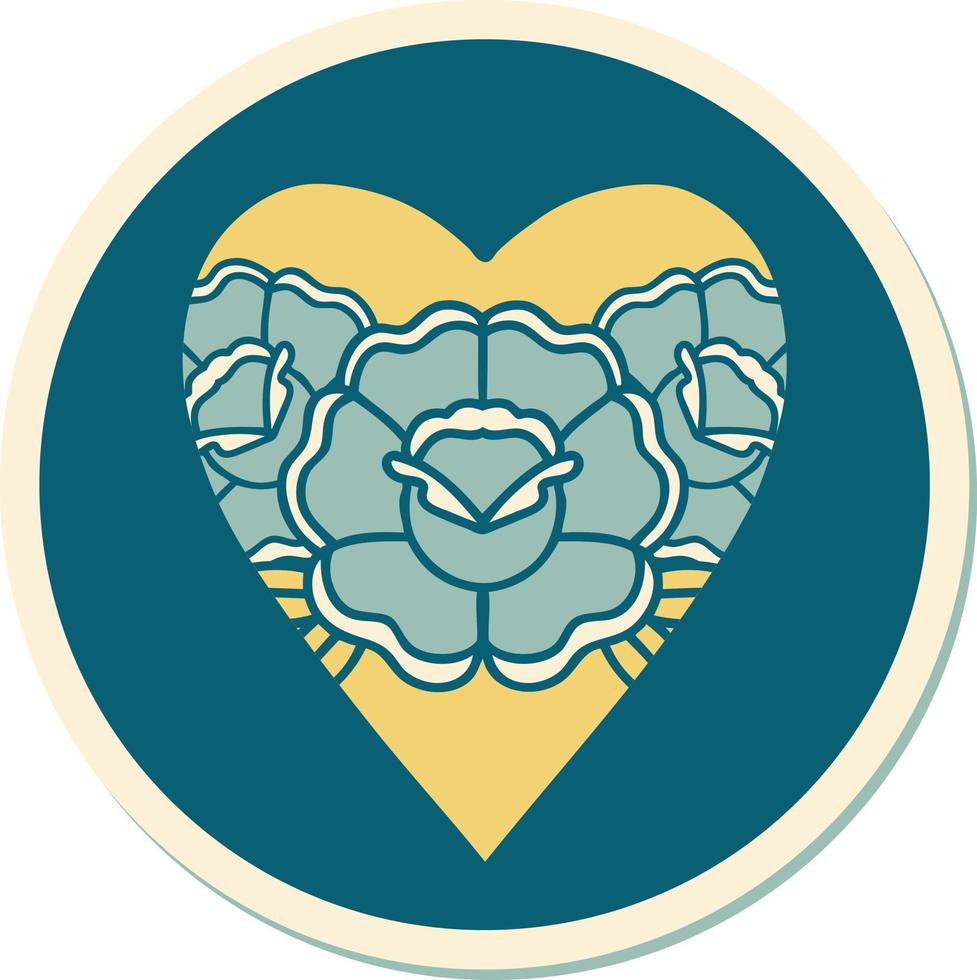 sticker of tattoo in traditional style of a heart and flowers vector