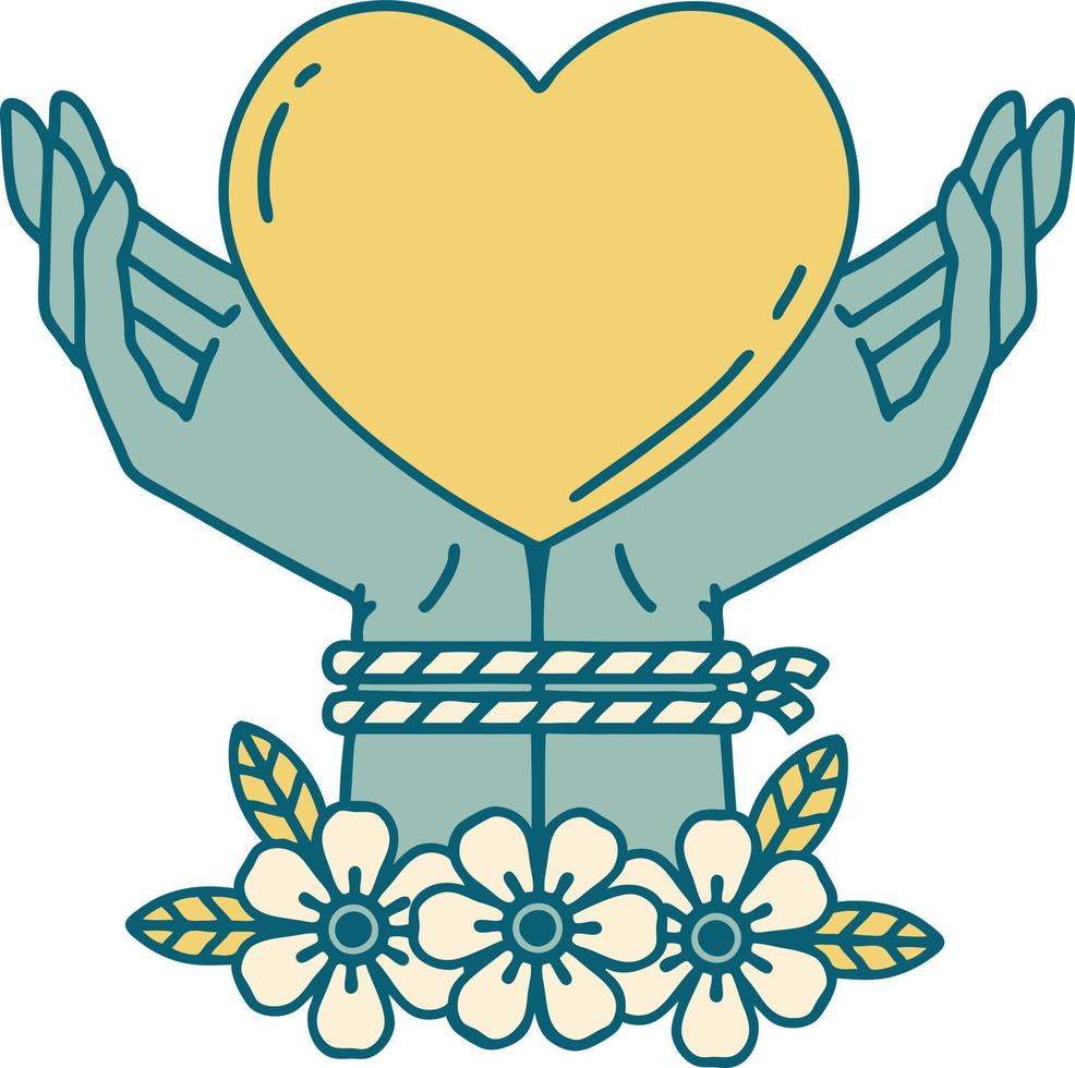 iconic tattoo style image of tied hands and a heart vector