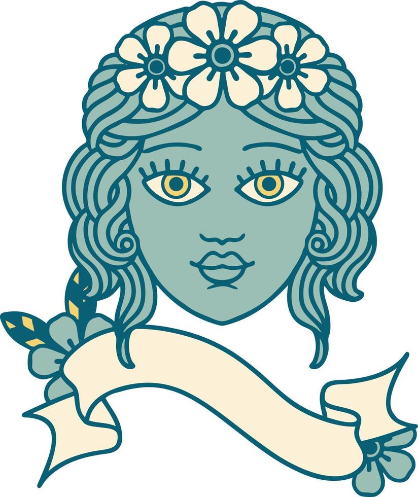 traditional tattoo with banner of female face with crown of flowers vector