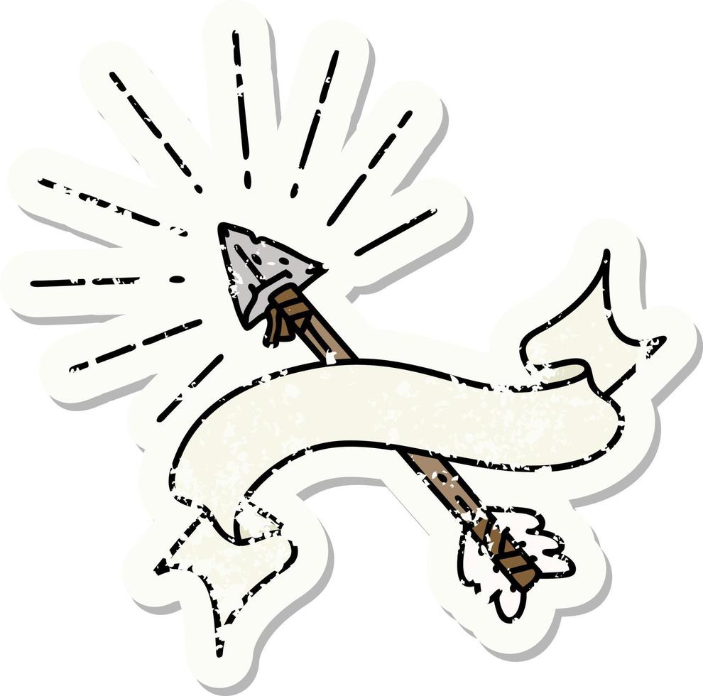 worn old sticker of a tattoo style old flint tip arrow vector