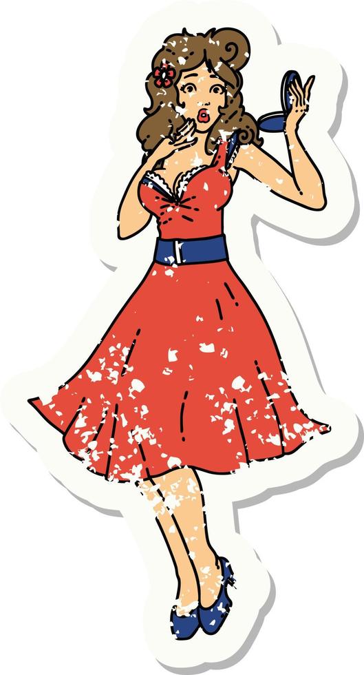 distressed sticker tattoo in traditional style of a pinup surprised girl vector
