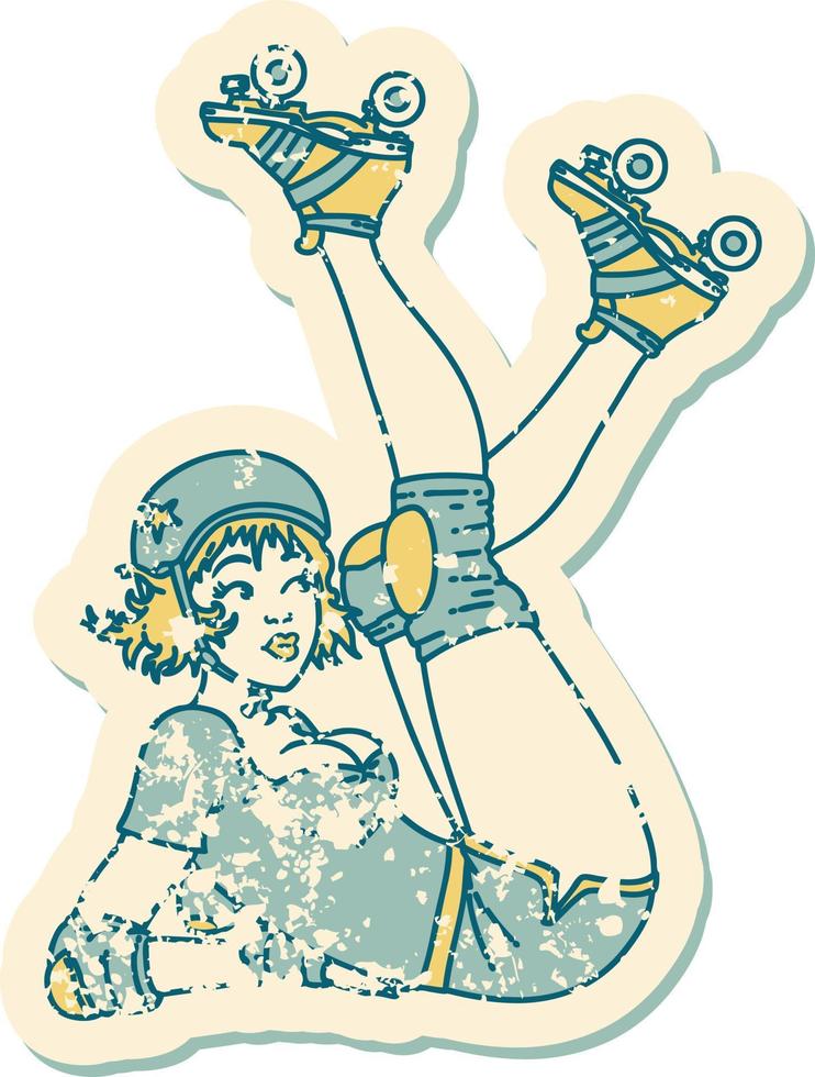 distressed sticker tattoo in traditional style of a pinup roller derby girl vector