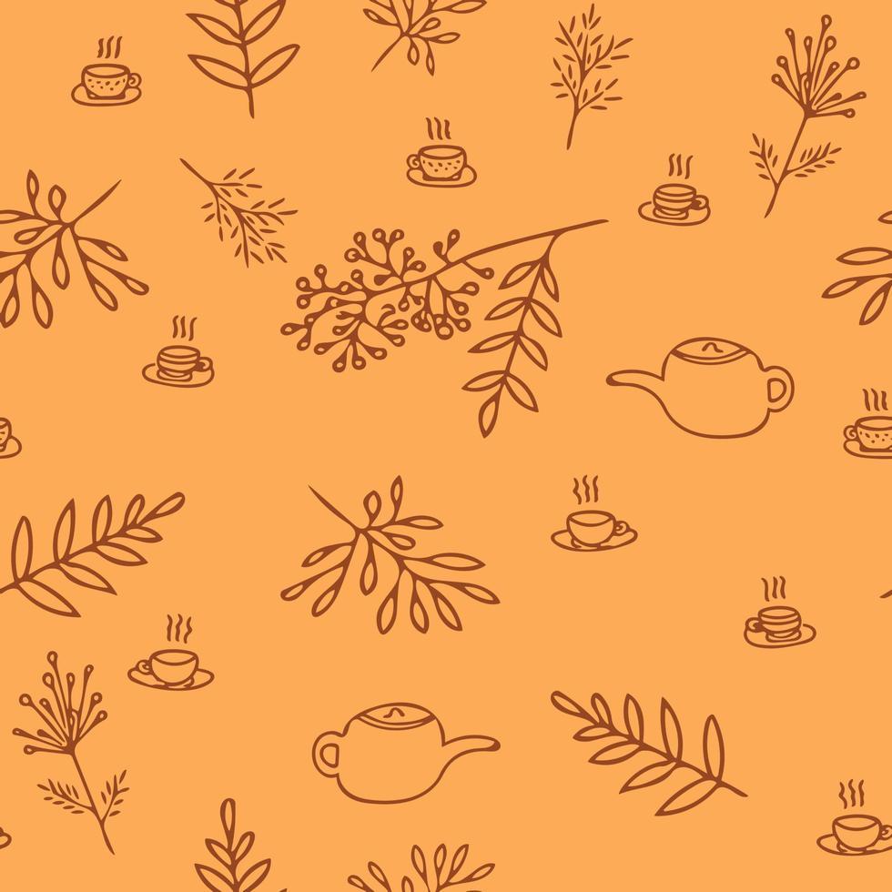 teapot, cups and leaves seamless pattern hand drawn in doodle style. , minimalism, monochrome. textiles, wrapping paper, wallpaper. autumn tea hot drinks vector