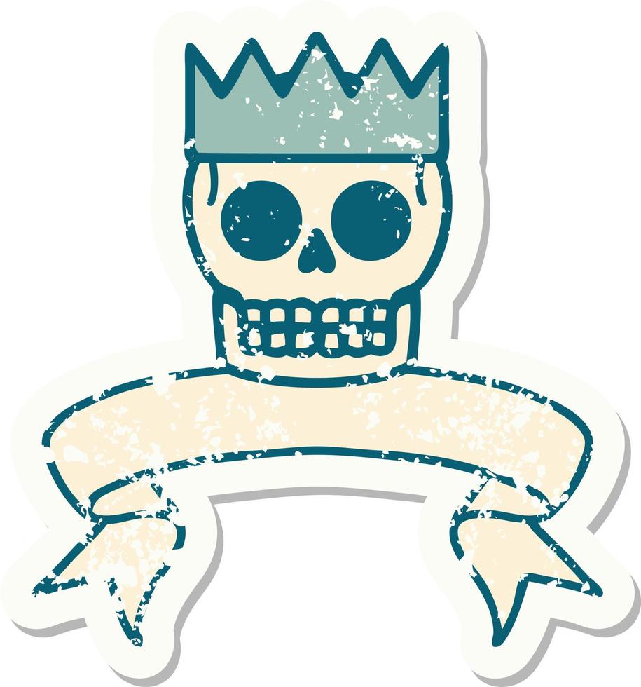 worn old sticker with banner of a skull and crown vector