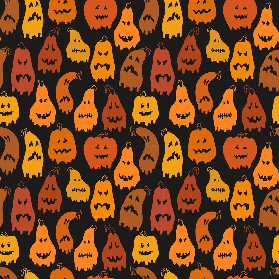 Seamless pattern with psychedelic leaked smile pumpkins on black background for halloween. vector