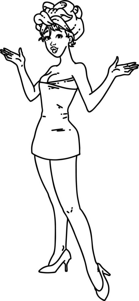 tattoo in black line style of a pinup girl in towels vector