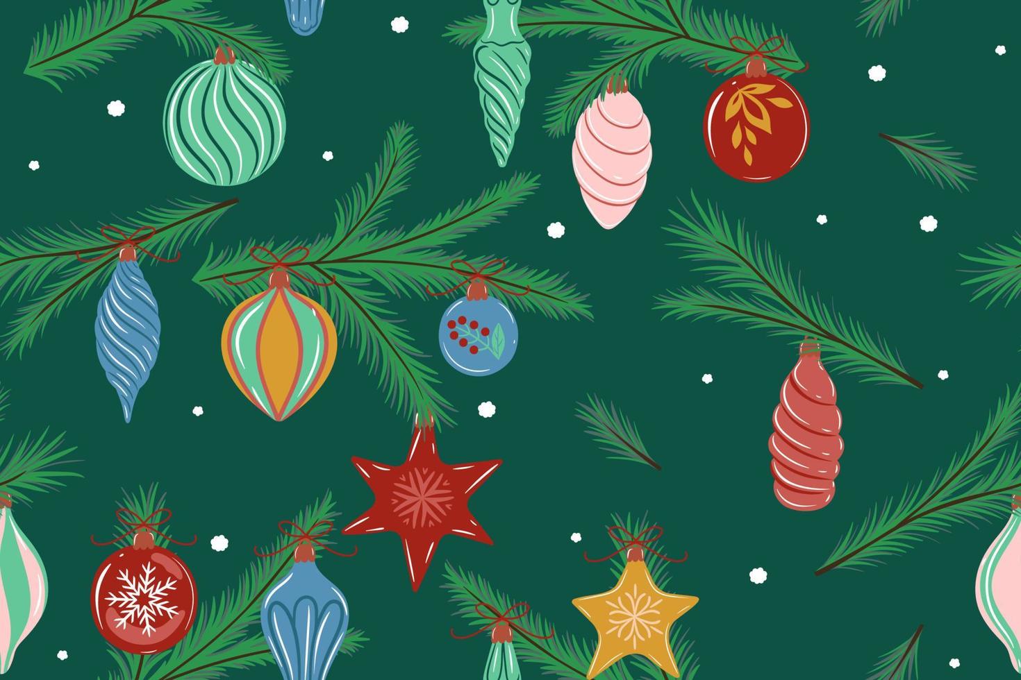 Seamless pattern of fir branches and Christmas decorations. Vector graphics.