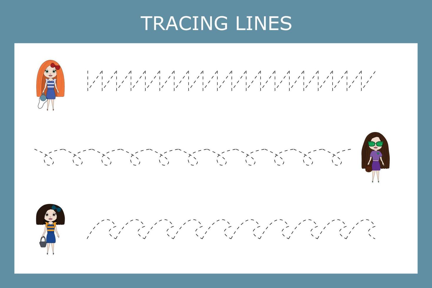 Tracing lines game with cute girls, dolls. Worksheet for preschool kids, kids activity sheet, printable worksheet vector