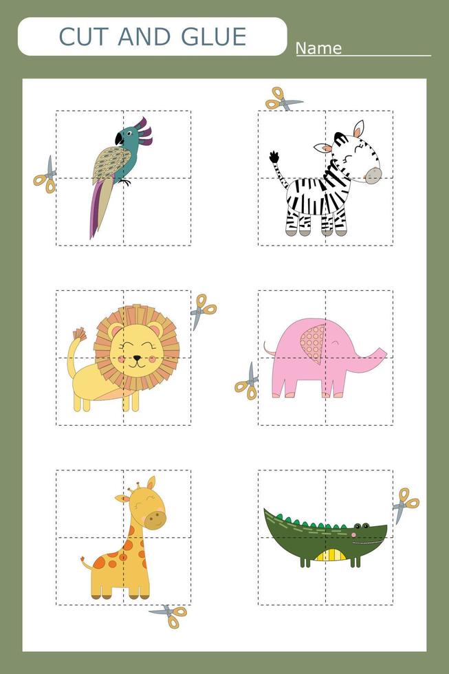 worksheet vector design, the task is to cut and glue a piece on colorful  animals.  Logic game for children.