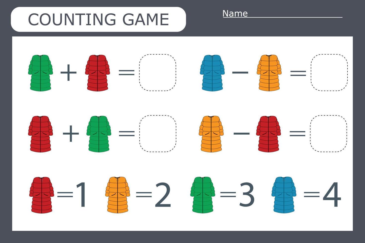 juego de conteo para niños en edad preescolar. resuelve el acertijo con la ayuda de la ropa de los niños y resuelve los ejemplos vector